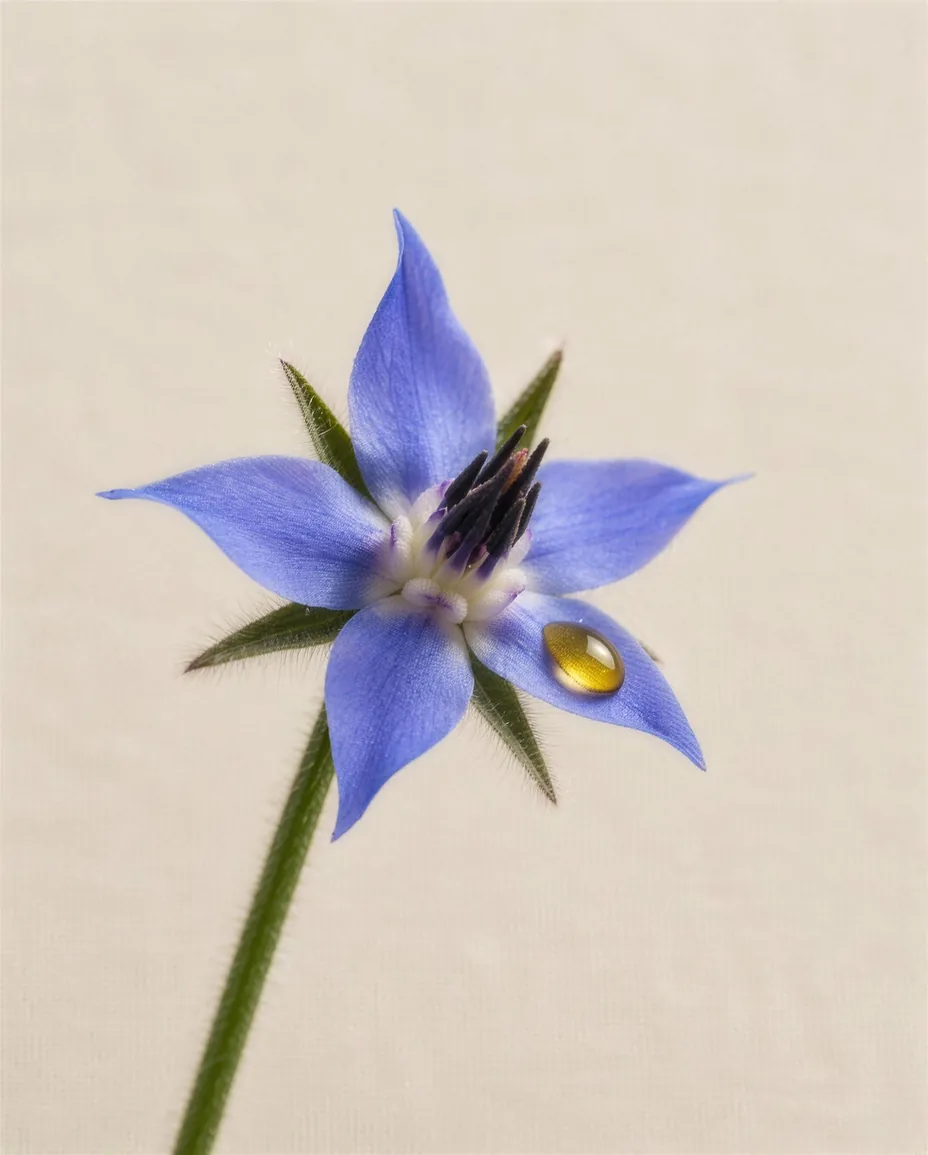A single blue borage flower on a bristly green stem against cream linen, one bead of golden oil resting on a petal.