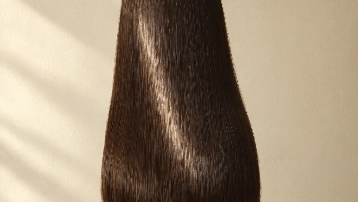 The same fall of dark hair, smooth and glossy, with a single ribbon of light running down its length.