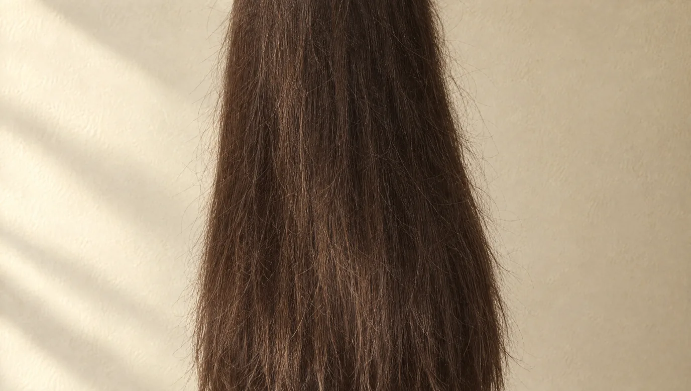 A fall of long dark hair against a cream wall: dry, matte and frizzy, with flyaway strands lifting from the surface.