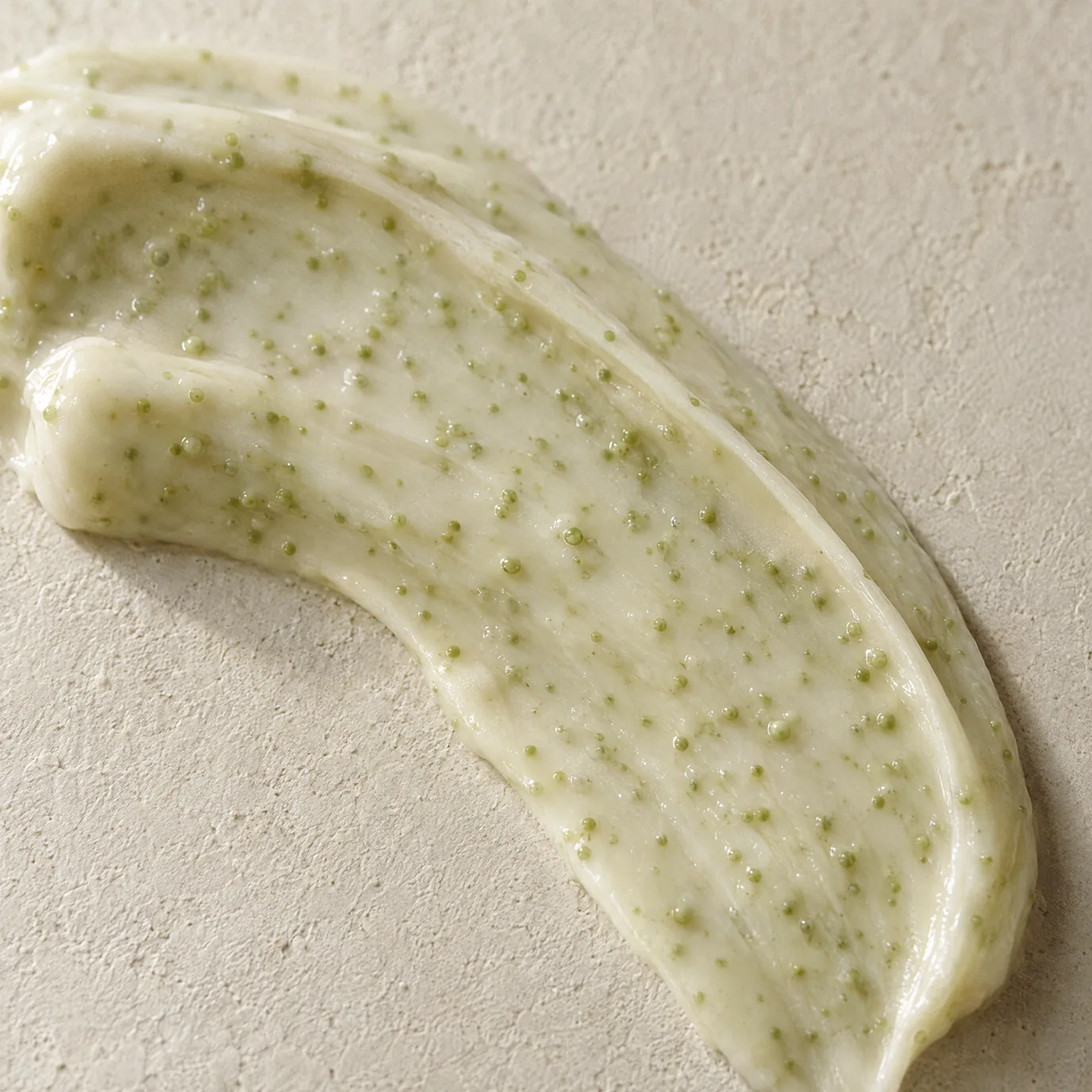 A pale cream spread in an arc, flecked with tiny pistachio-green micro-capsules.