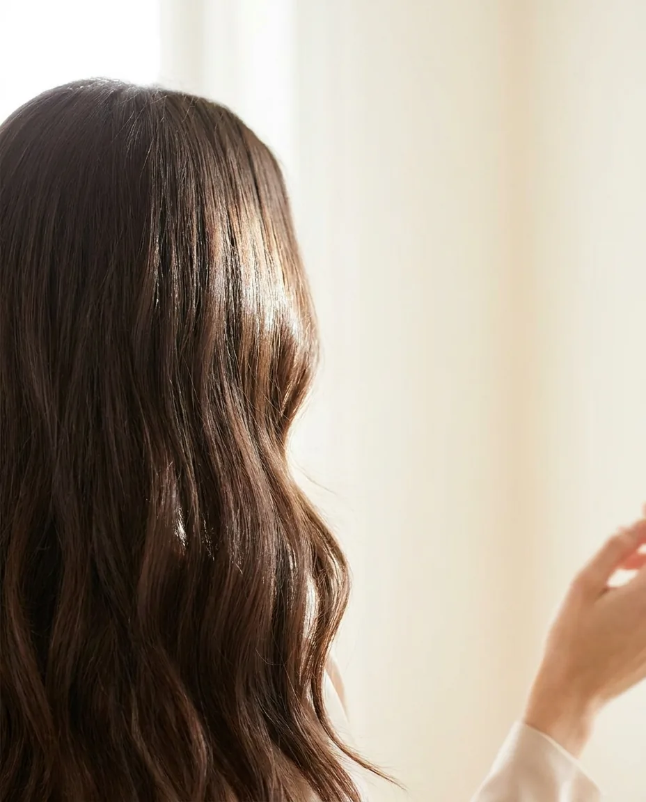 The hair left to fall, smooth and catching the light.